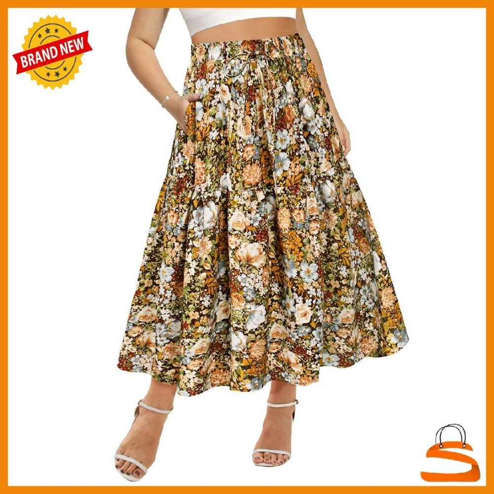 Plus Size Maxi Skirt Elastic Waist Pockets A-Line Tiered Boho Long